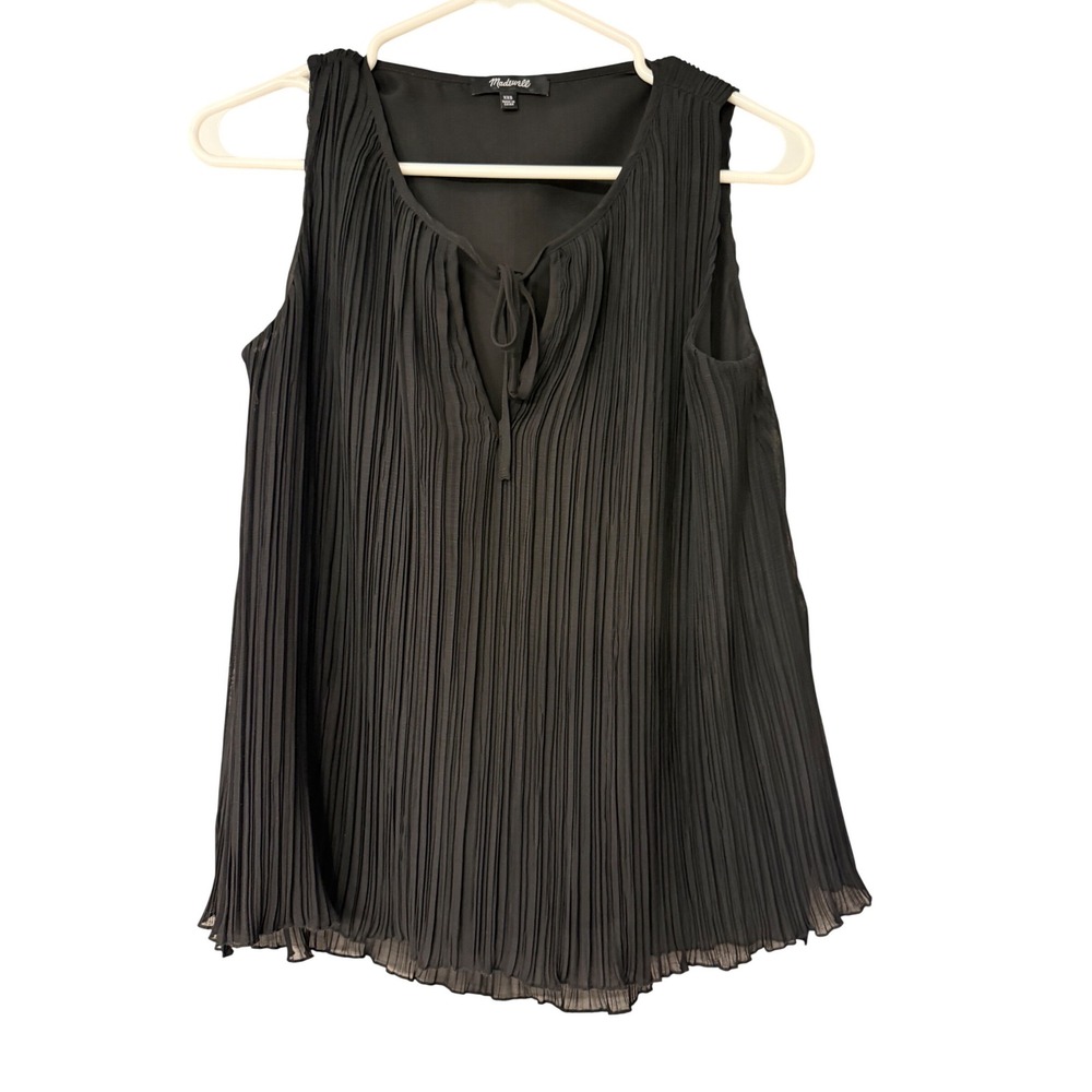 Madewell Womens XXS Black Pleated Sleeveless Tie Neck Shell Blouse‎ Topp